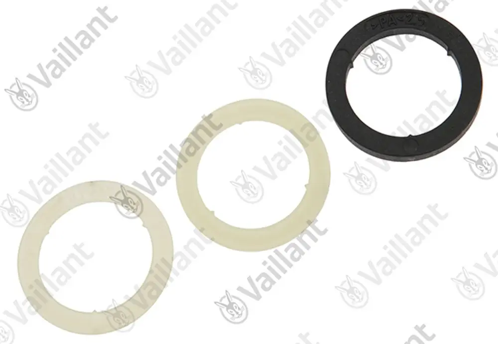 Drei Ringe in verschiedenen Farben, zwei in Beige und einer in Schwarz, die Zubehörteile von Vaillant darstellen. Sie zeigen eine kreisförmige, flache Form ohne klare Maßangaben.